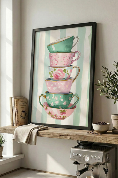 Günışığı Atölyesi Vintage Çay Fincanı İllüstrasyonu Çerçeveli Tablo Kahve Köş...