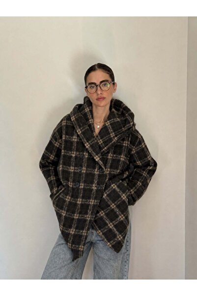 Retrobird Urban Retro Kapüşonlu Oversize Ceket Kaban Kadın Koyu Kahve