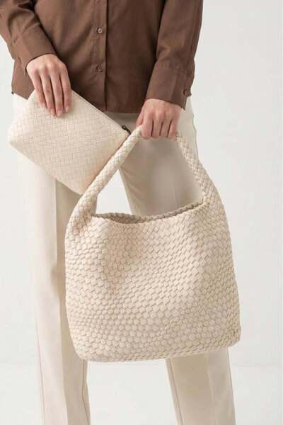 Mubiano Women's Shoulder Bag Knitted Large Volume Magnetic Daily Veloura Beige