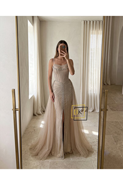 Generic Crystals Strips Corset Evening Dress with Extra Skirt and Leg Slit