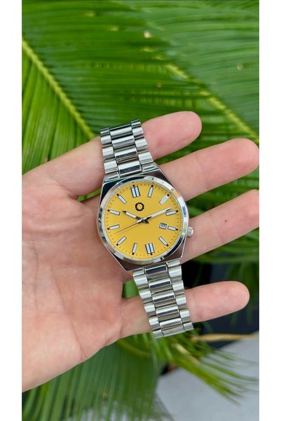 CüzCan Avren Yellow Yellow Dial Silver Steel Band Calendar Unisex Quartz Wristwatch