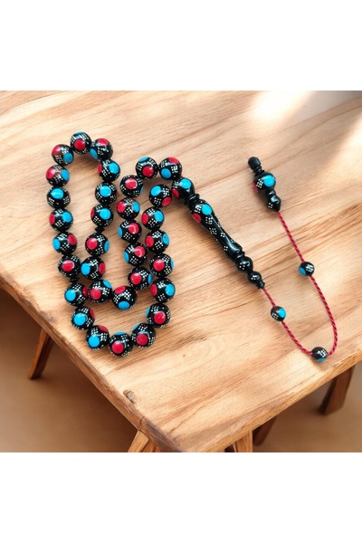 İnan Tesbih Silver Turquoise and Coral Inlaid Sphere Cut Kuka Prayer Beads