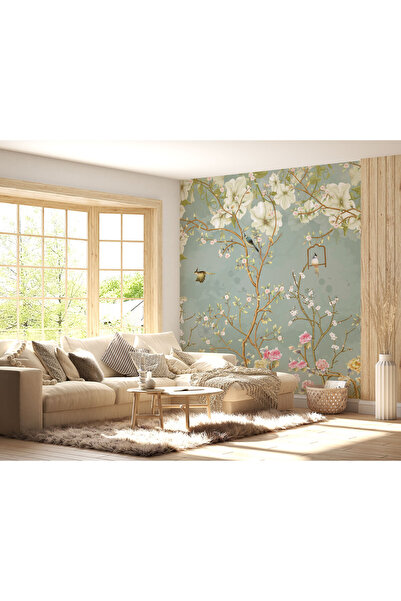 LOTUS AURA Vintage Chinoiserie Kuş ve Çiçek Desenli Su Yeşili Premium Duvar K...