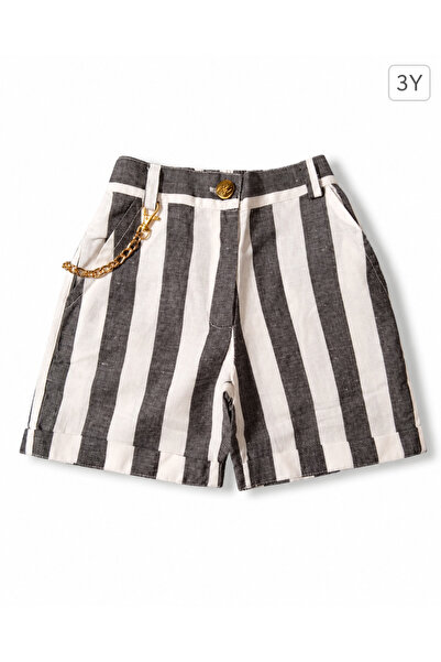 Generic Boy's Shorts with Longitudinal Lines White and Gray with Gold Chain