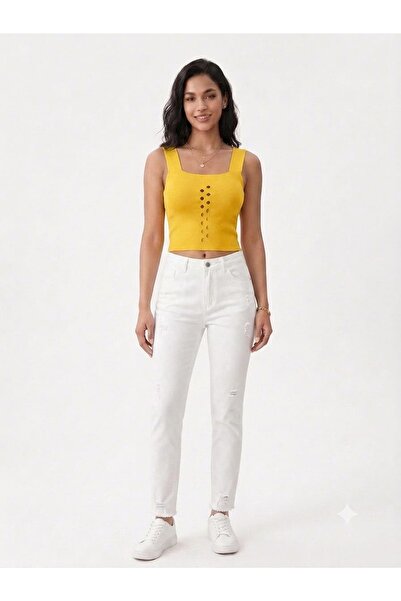 onno style women Sleeveless Strappy Perforated Knitted Women's Bluz