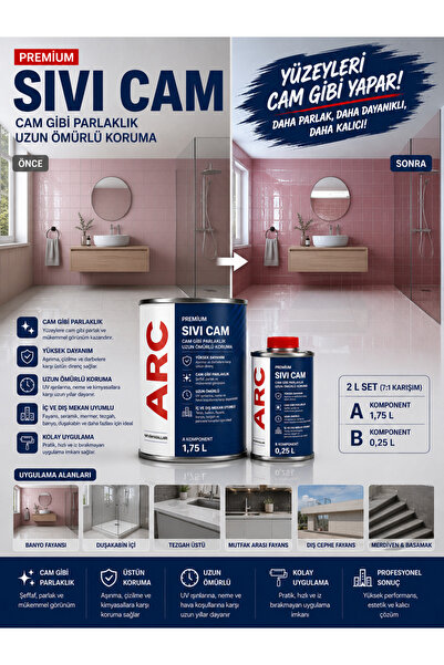 ARCMARİN KİMYA VE DENİZCİLİK HIRDAVAT PREMIUM Sıvı Cam Kaplama - Her tülü yüzey için Şeffaf Parlak Koruyucu Yalıtım Vernik