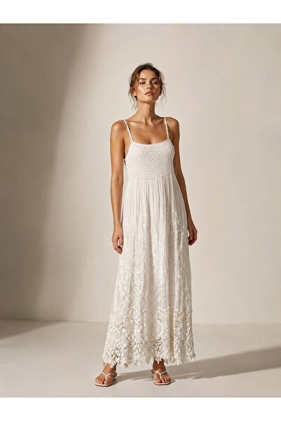 Punta Otantik Yg1329 Italian Strap Chest Elastic Embroidered Silk Dress White