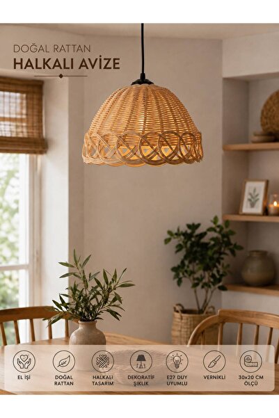 Hola Doğal Rattan Halkalı Sarkıt Avize El Yapımı Bohem Dekoratif Tavan Lambası 30x20 cm