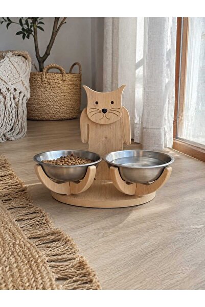 Asrimo mobilya Kedi Figürlü Ahşap Mama ve Su Kabı Standı – Dekoratif, Hijyenik ve Dayanıklı Büyük Boy