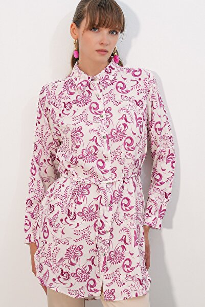Hiccup Bdart Floral Patterned Viscose Crepe Belted Long Shirt