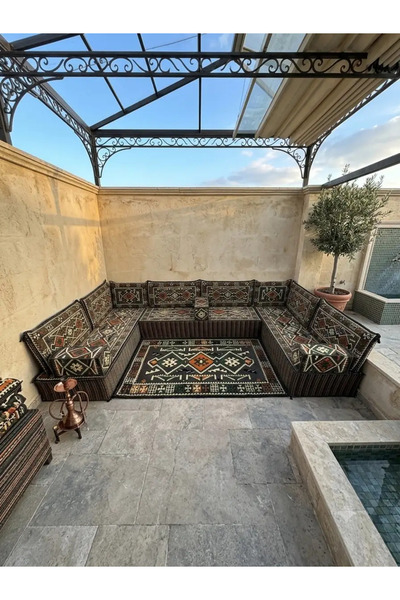 BAKIRÖZÜ HOME 30 cm Yüksek Minderli Otantik Şark Köşesi Takımı Gri Anadolu Mo...