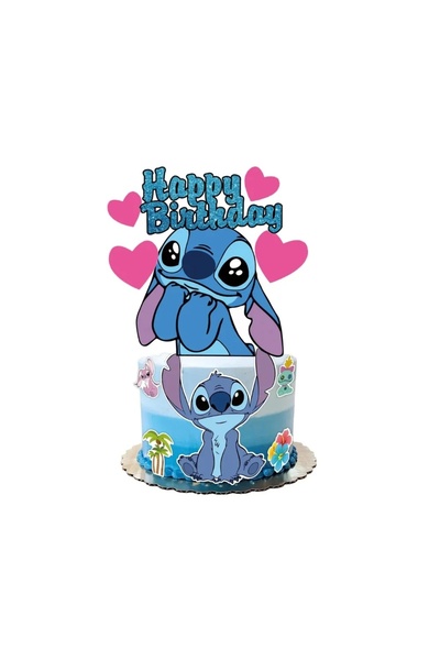 Baloane Vesele Topper Tort Stitch Happy Birthday Albastru Glitter si Inimi Ro...