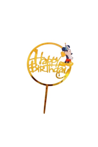 Baloane Vesele Topper Tort Mickey Mouse Happy Birthday Auriu Oglinda Rotund T...