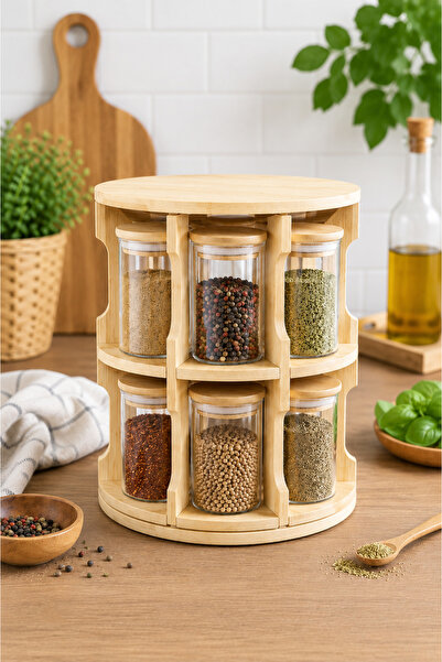 Karçiçeği Home 360 °   Rotating Bamboo Spice Rack Set with 11 Glass Jars – 30...