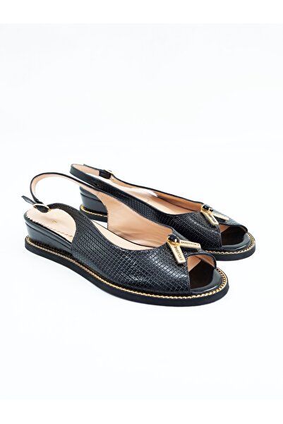 Tenau Women's Genuine Leather Wedge Heeled Shoes Black