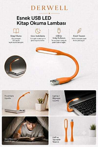 Derwell Esnek USB LED Kitap Okuma Lambası Taşınabilir Mini Masa Üstü Gece Lam...