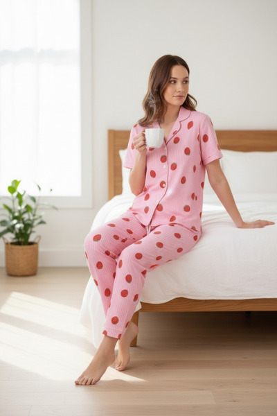 pistyle Women's Strawberry Patterned Pink Pajama Set - Short Sleeve Buttoned ...