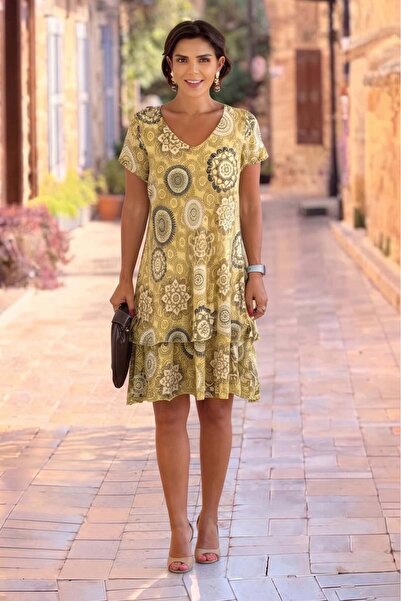 Nevin Kaya Moda Mustard Italian Mandala Patterned 100% Cotton Dress