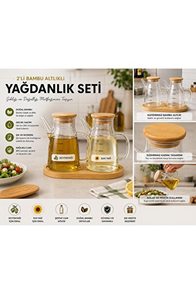 BİZ ZÜCCACİYE Set of 2 Oil Pots with Bamboo Bases, 200 ml (12 cm Height, 7 cm...