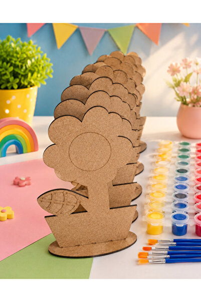 CARON CHOCOLATE Eğitici 10 Adet Vazoda Papatya Ahşap Boyama 10 boya 10 Fırça ...