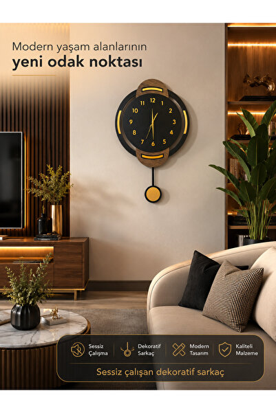 Nixar Desing Sessiz Mekanizmalı Sarkaçlı Duvar Saati 40x65 cm Siyah Gold Plek...