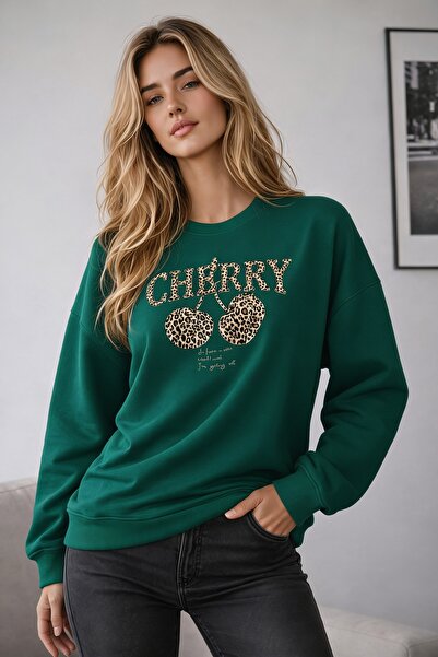 caddekombin Women's Leopard Cherry Cherry Printed Round Neck Long Sleeve Swea...