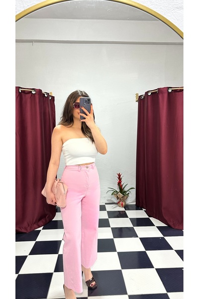 Genel Markalar Pembe Yüksek Bel Wide Leg Jean Pantolon