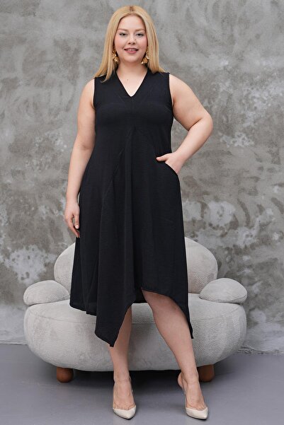 Siyezen Large Size Asymmetry Cut Pocket Dress