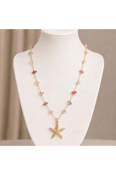 KAYANCLICK Stainless Steel Necklace with Pink Beads and Starfish Pendant