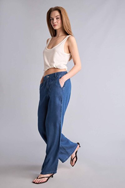 DeFacto Wide Leg High Waist Long Flowy Fabric Washing Effect Jean Trousers D8...
