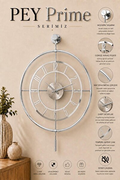 Pey Aksesuar Metal Camlı Duvar Saati statik TOZ BOYA 60x80cm Büyük Boy Işıklı...