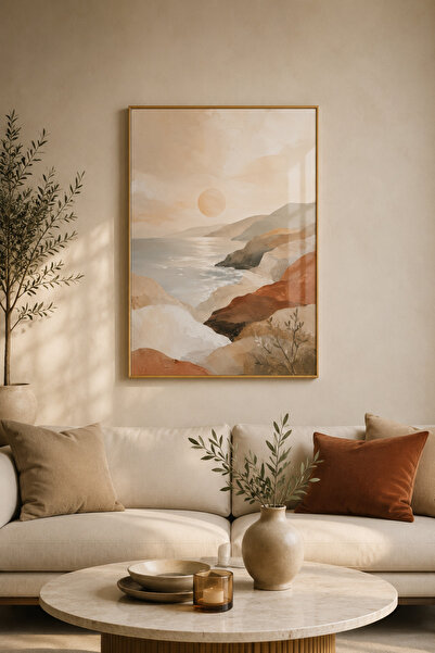 sayetablo Calm Coast - Gerçek Cama Baskı Gold Alüminyum Metal Çerçeveli Tekli...