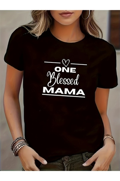 01THEONE تي شيرت نسائي بطباعة "One Blessed Mama" - قميص أسود برقبة دائرية مع ...