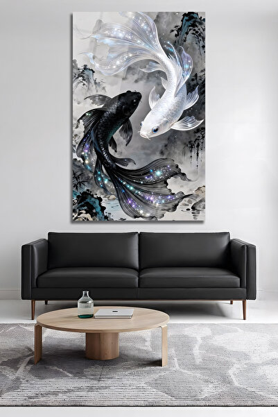 BERSED Siyah Beyaz Japon Balıkları Dekoratif Duvar Tablosu Feng Shui Modern C...