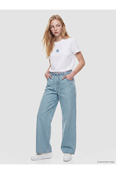 LC Waikiki Blue Lace-Up Waist Wideleg Women's Jean Trousers