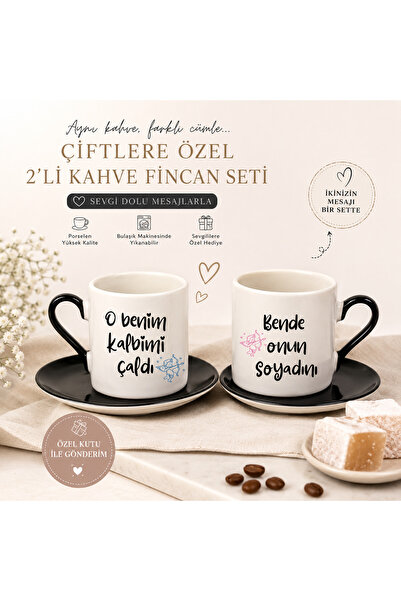 veracraft Çiftlere Özel Porselen Türk Kahvesi Fincan Takımı 2'li - Kalpli Kul...