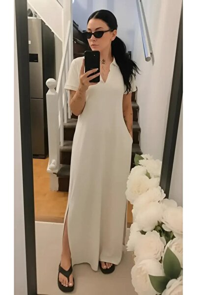 Birgül Sezişli Butik MODAL POLO YAKA YIRTMAÇLI UZUN ELBİSE