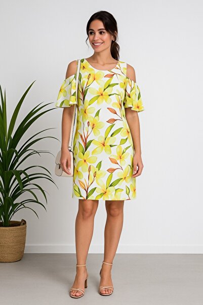 Bad Ro26-136 - Rochie scurtă damă cu imprimeu floral galben, umeri decupați ș...