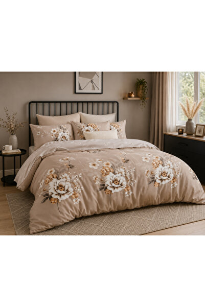 OEM Set de lenjerie de pat din bumbac, 4 piese, Model floral bej, Husă de pil...