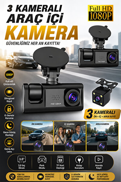 TECHNOMEN 3 Kameralı Araç İçi Kamera Full HD 1080P Ön İç Arka Kayıt G-Sensör ...