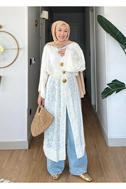 Moda Misali Jakarlı Kimono Yelek Gold Aksesuarlı