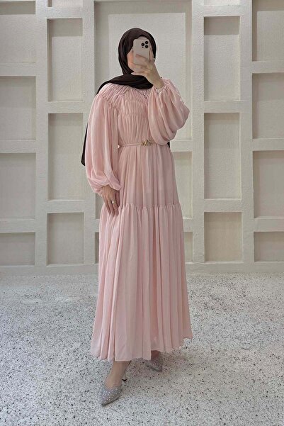 lamelif Layered Detailed Chiffon Dress Pink