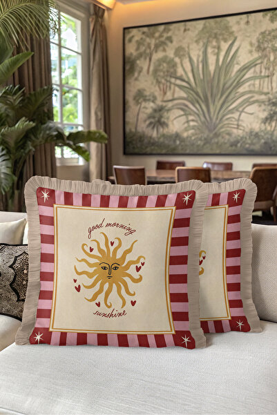Evimde Bambaşka Retro Sun Motif Good Morning Fringed Pillowcase - Pink Red Cr...