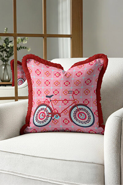 Evimde Bambaşka Retro Bicycle Motif Fringed Pillowcase - Nostalgic Pink Burgu...