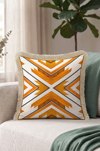 Evimde Bambaşka Boho Ethnic Geometric Wood Fringe Pillow Cover - Aztec Rustic...