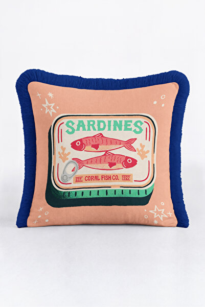 Evimde Bambaşka Retro Canned Sardines Fringed Pillowcase - Pop Art Marine Sal...