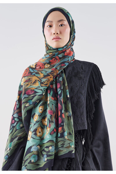 Freshscarfs Φλοράλ Σάλι Βισκόζης με Μοτίβο Ράμι, Μαύρο