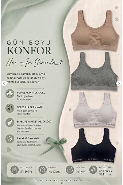 BEYAZTOPTAN Girls' Cotton Wide Strap Bustier Set - Breathable 6-Piece Pack