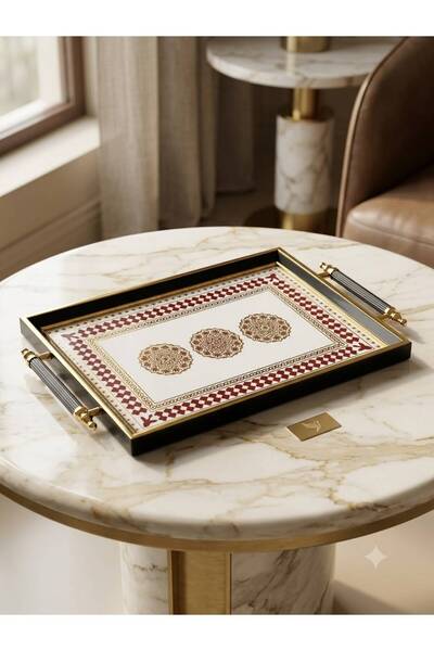 Leila Model Gold-Siyah Çerçeveli Lüks Sunum Tepsisi 46x28 cm Gerçek Cam