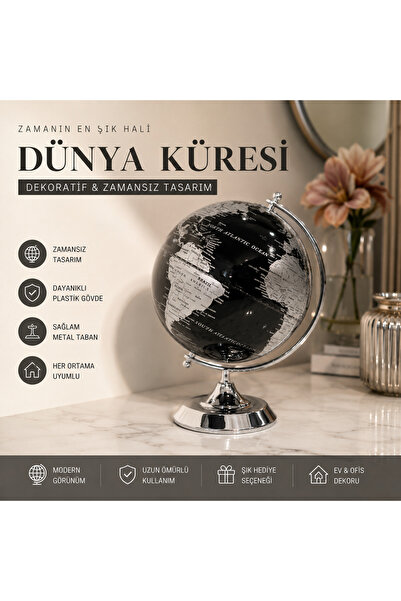 Evdeki Mağaza 28x20 EVDEKİ CONCEPT Dekoratif Dünya Küresi Siyah Gümüş Modern ...
